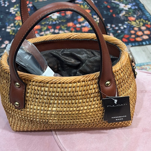 Woven Straw Tote with Brown Leather Handles - Picture 3 of 7